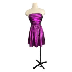 IDEM DITTO Purple Metallic Foil Strapless Mini Dress Small Y2K Ruched Tie Back